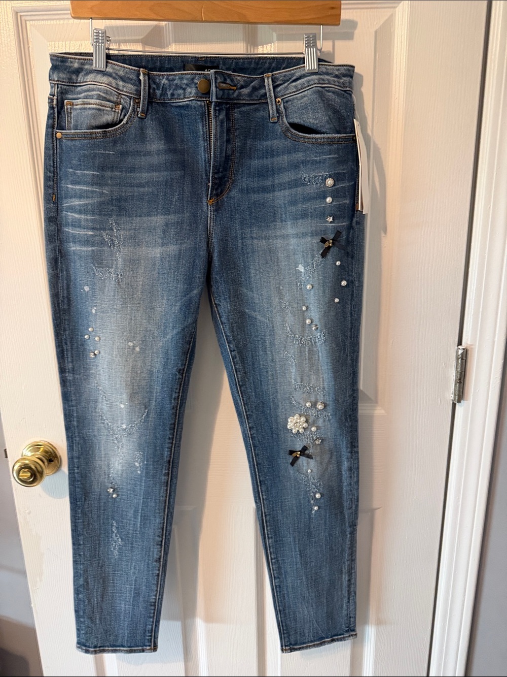 Aqua Blue Skinny Jeans with Pearl, Crystal & Bow Accents